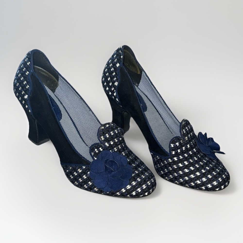 Ruby Shoo Pumps Blue/White Tweed & Velvet w/ Flower Accent - 3" Heel - Size 7